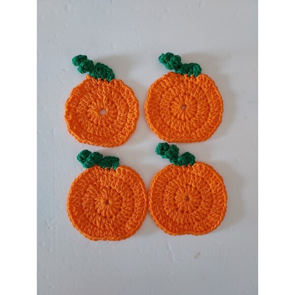 Fall Autumn Pumpkin Crochet Cotton Coaster Set Of 4 Decor Handmade - NEW - Picture 1 of 3